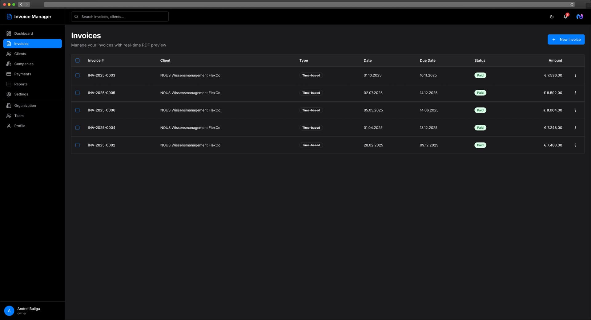 Invoice list view with filtering and status tracking
