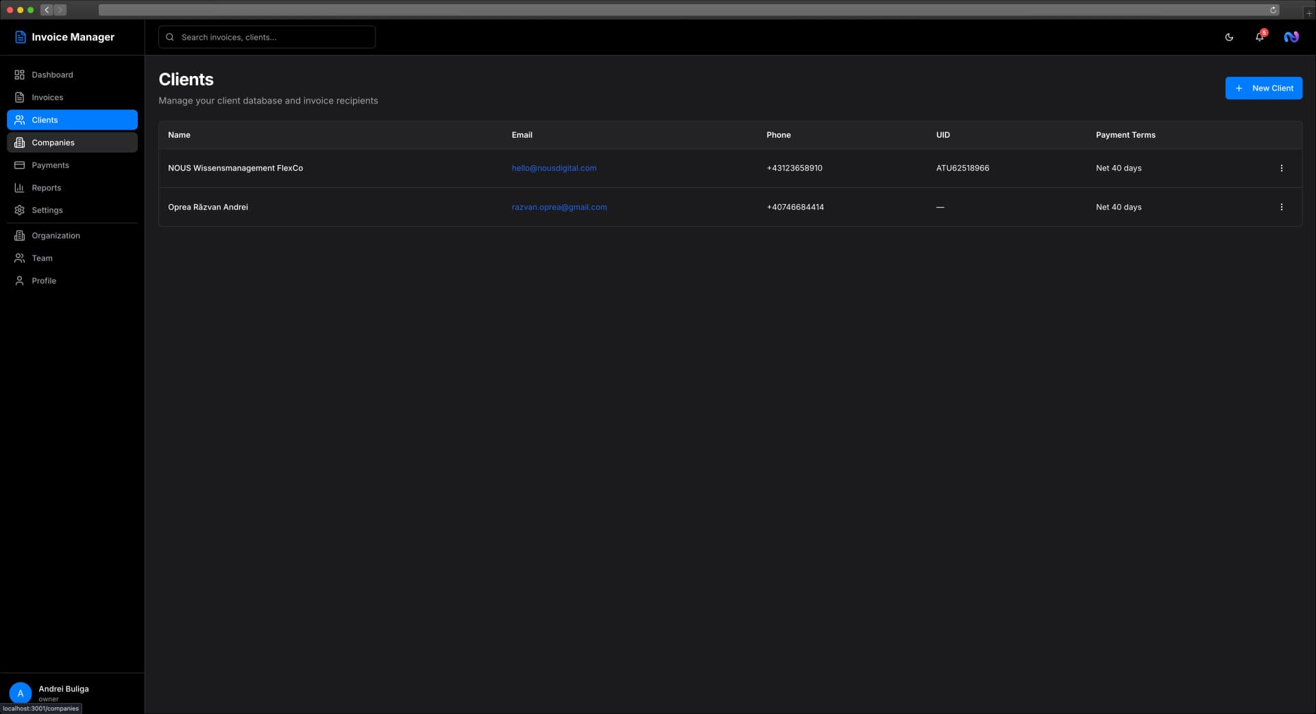 Invoice detail view with client information and line items