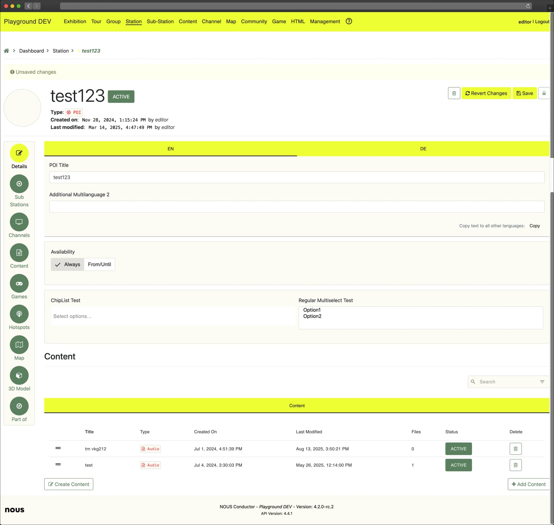 Station content details with multi-language support